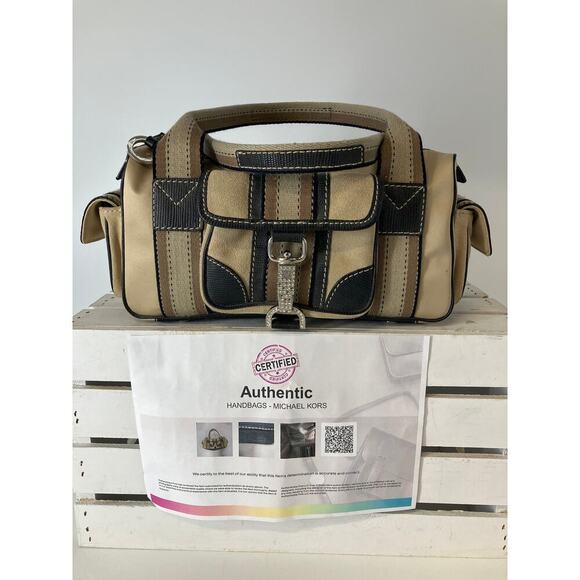 MICHAEL KORS SATIN, CANVAS STRIPED BLINGED MAKEUP DUFFLE BAG - Picture 1 of 16